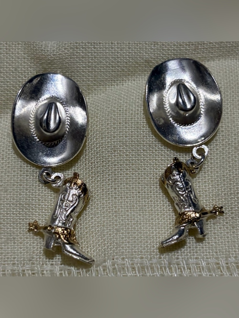 Vintage Taxco Mexico Sterling Silver Two-Tone Cowboy Hat & Boots Dangle Earrings